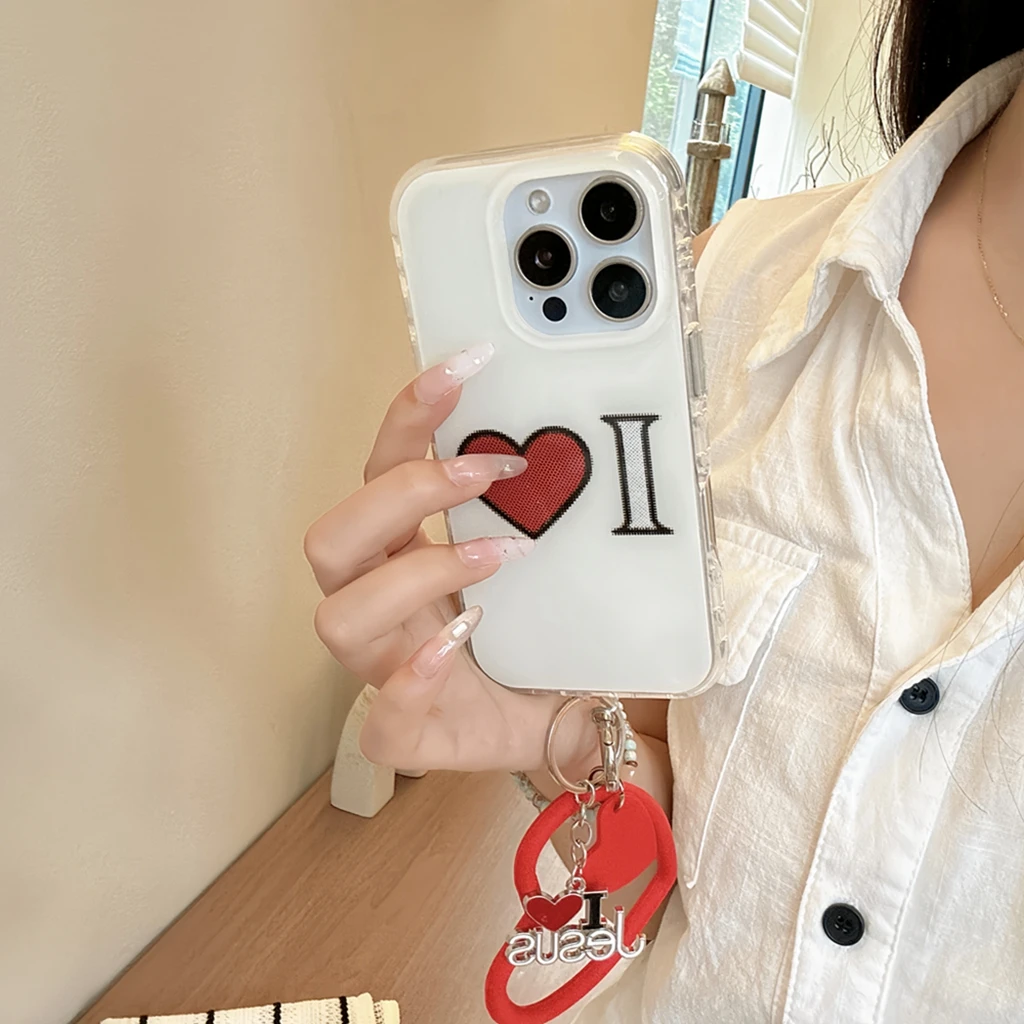 

Stylish Simple Letter Love Red Heart Pendant Shockproof Protective Phone Cover Case for iPhone 16 15 14 13 Pro Max