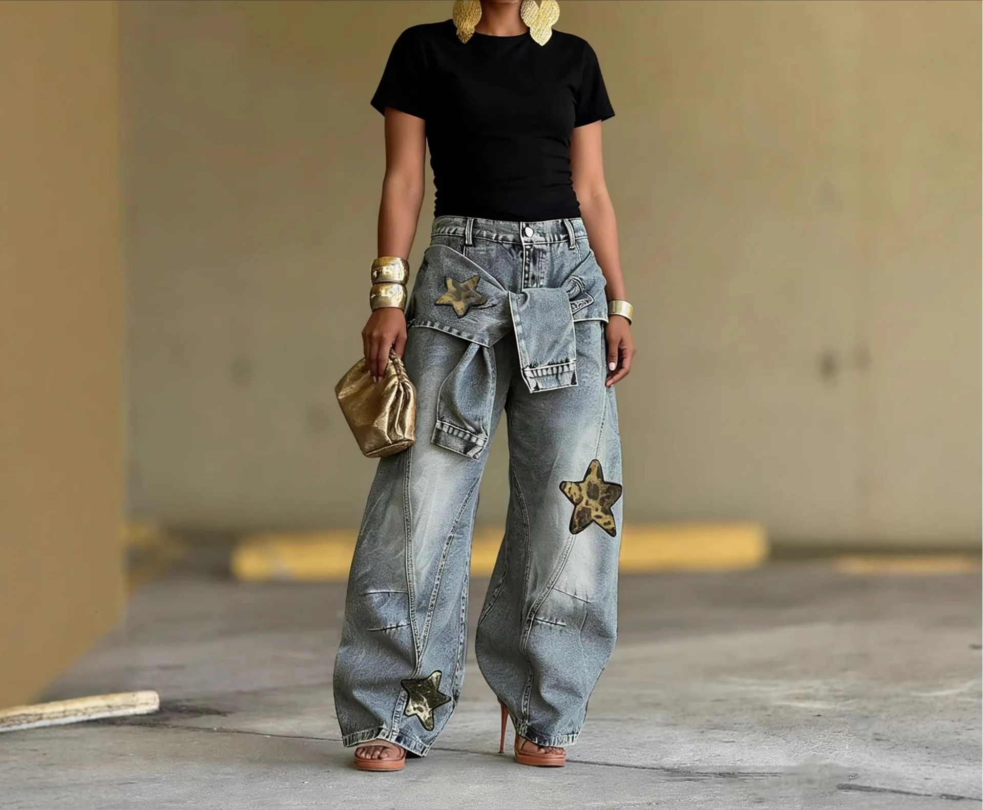 2026 New Strap-on Design Star Leopard Print Patch Splicing Jeans