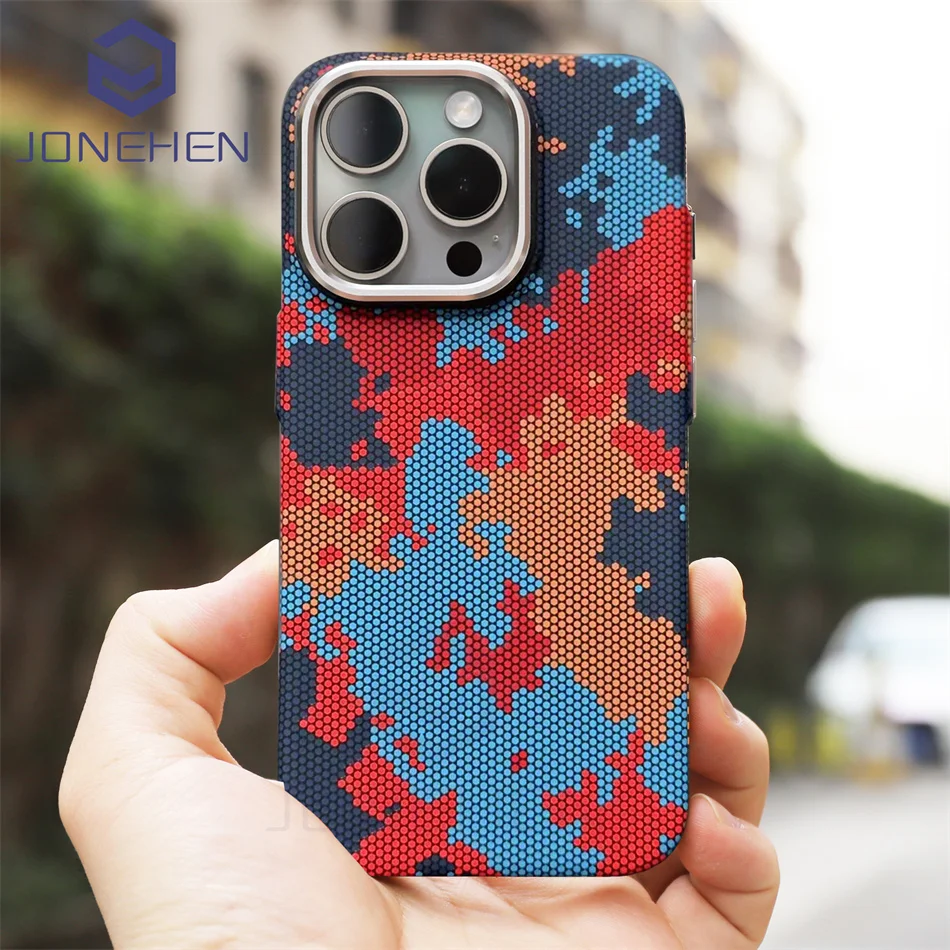 Mganetic Camouflage Carbon Fiber Pattern Case For iPhone 15 14 13 16 Pro Max Alloy Lens Hard Cover For Magsafe Wireless Charge