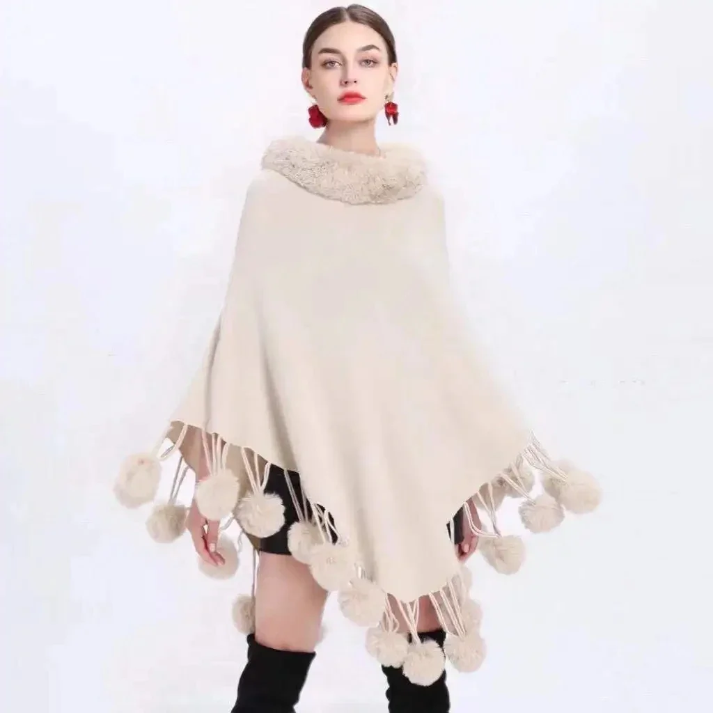 Autumn winter New Imitation Otter Rabbit Fur Collar Shawl Cape Imitation Rabbit Fur Ball Pullover Knitted Ponchos Capes Cloak