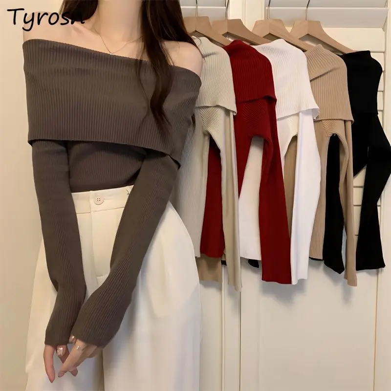 

Slash Neck Sweater Pullovers Women Slim Hotsweet Ladies Elegant Harajuku Vintage 6-Colors Knitwear Sexy Basic Temper Pull Femme