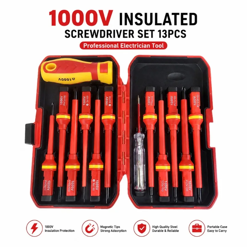 13-teiliges 1000V Isoliertes Schraubendreher-Set mit Magnetischen Pozidriv-Torx-Bits, Elektriker-Handwerkzeuge für Elektroreparaturen mit Aufbewahrungskoffer