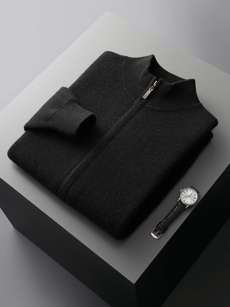 ADDONEE Autumn Winter Men Zipper Cardigan Mock Neck Thick Cashmere Sweater 100% Merino Wool Knitwear Smart Casual Sweater Coat