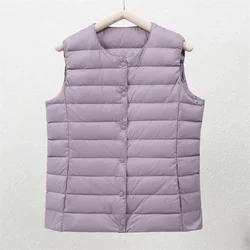 Chaleco acolchado ultraligero para mujer, abrigo cálido de plumón de pato, chaquetas portátiles sin mangas, forro de plumas, 0-10 ℃, otoño e invierno, 2024