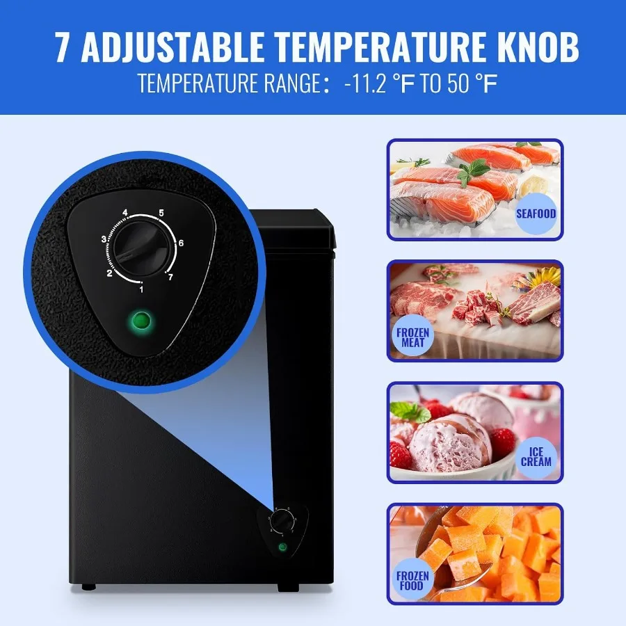 WANAI Deep Freezer Black Small Chest Freezers with Storage Basket Top Open Door Mini Compact Freezer 7 Temperature Control for
