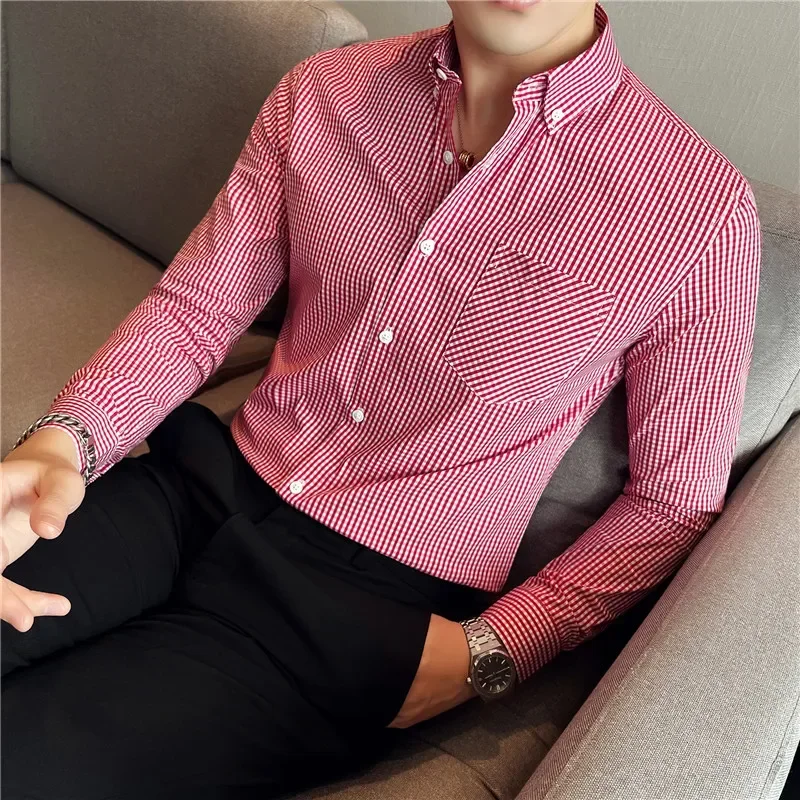 

Plaid Shirt For Men Korean Luxury Clothing Long Sleeve Men's Social Shirt Dress Front Pocket Design Slim Fit Casual Prom Tuxedo