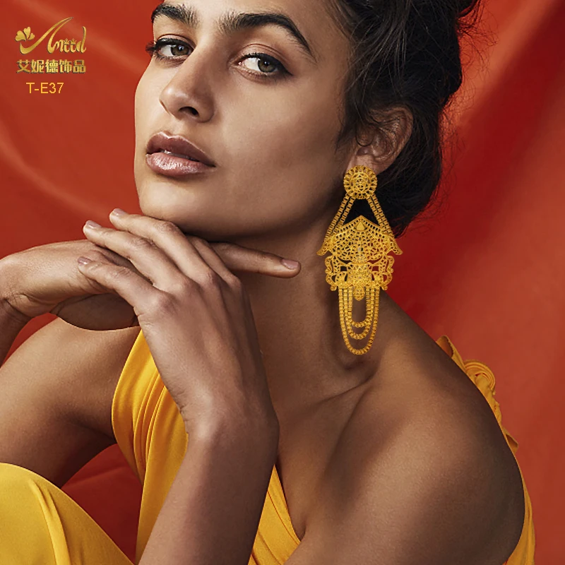 

ANIID Indian 24K Gold Plated Big Earring Dubai Luxury Tassel Stud Earrings For Women Pendant Earring Bridal Wedding Jewelry Gift
