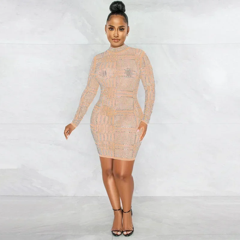 GUWU-vestido transparente de malla con diamantes para mujer, vestido de fiesta de noche transparente de manga larga con cuello redondo, Mini vestido de primavera con diamantes de imitación
