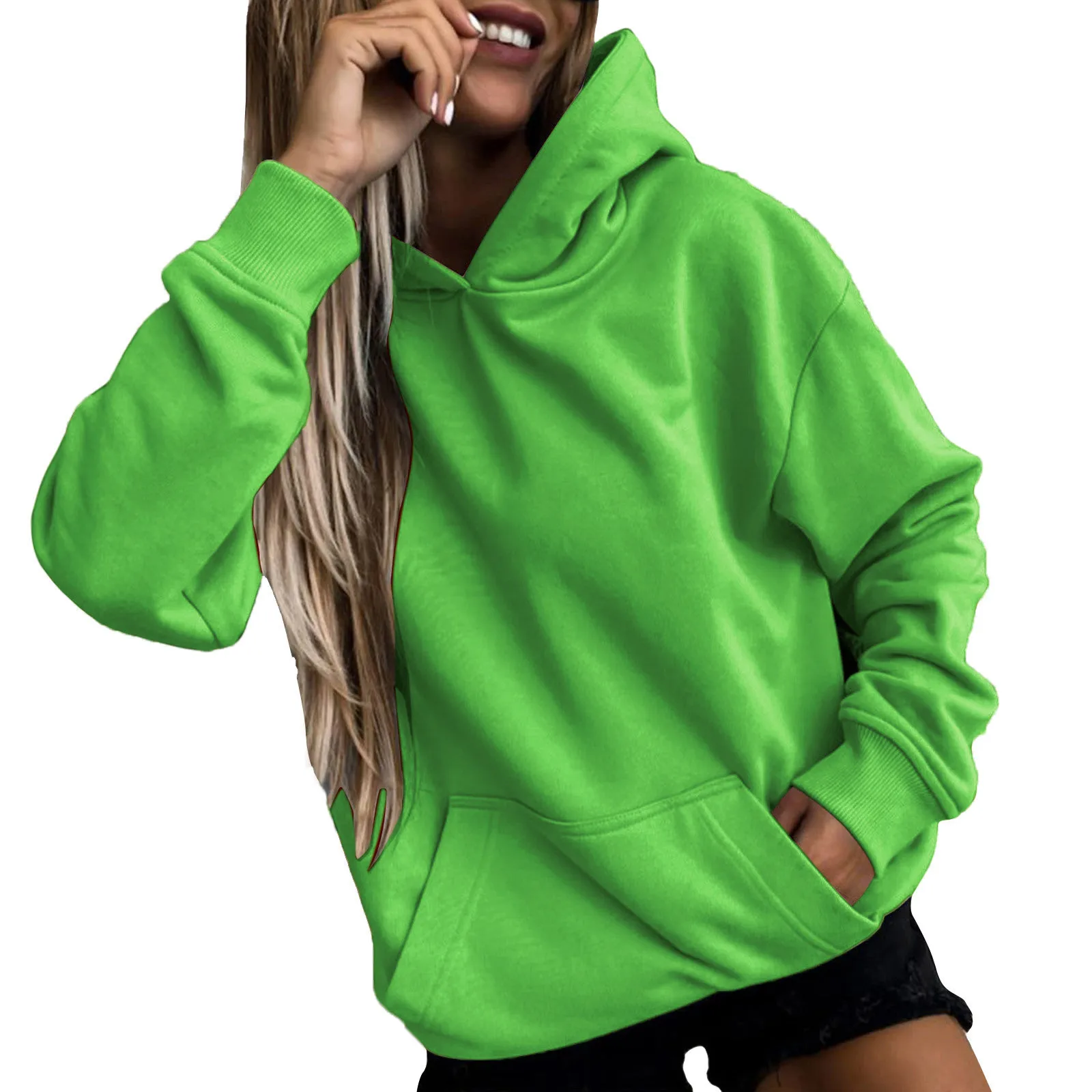 

Женские свободные толстовки с длинными рукавами, блузка, повседневный модный однотонный пуловер, толстовки с капюшоном, топ с карманом, одежда Y2k