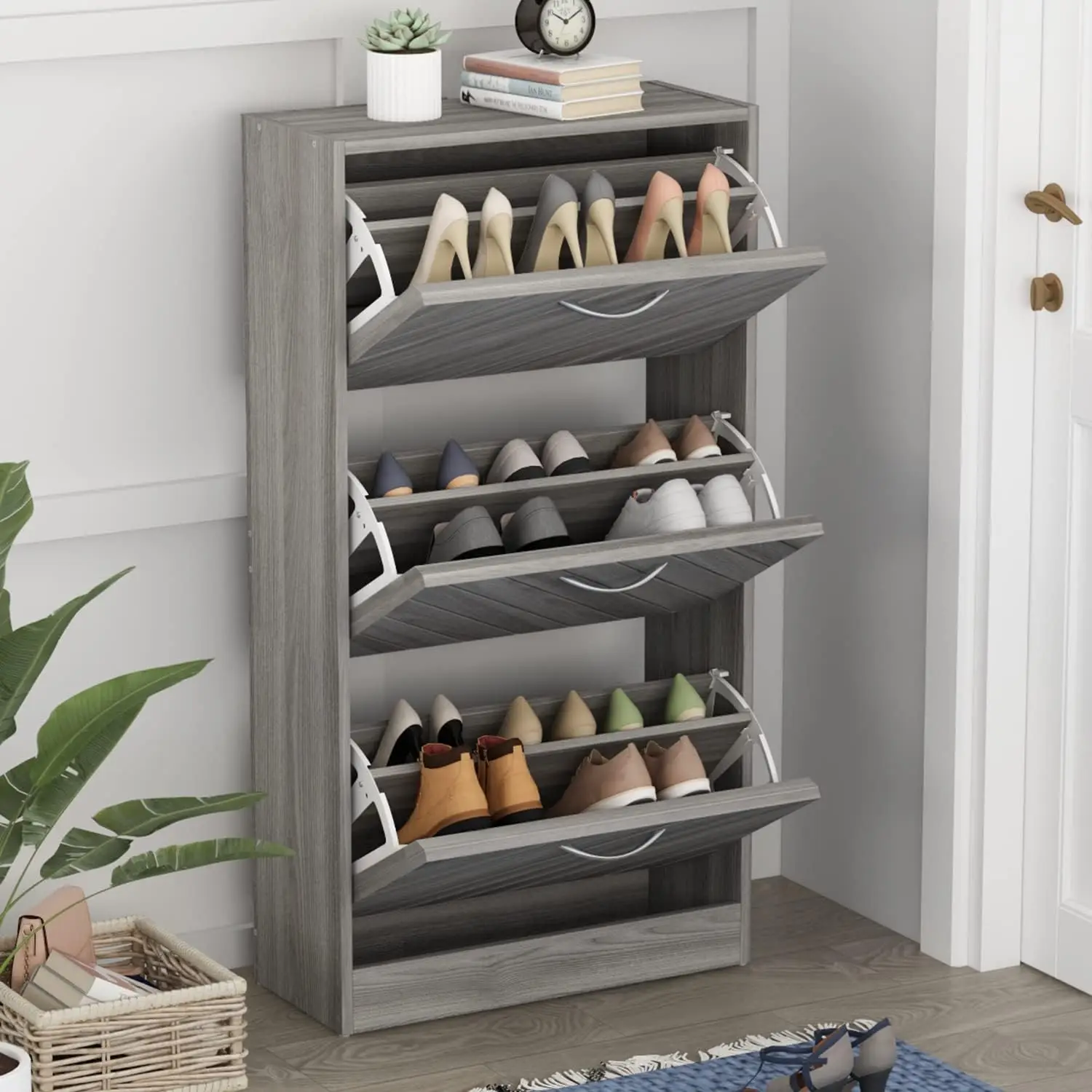 

Modern Shoe Storage Cabinet With 3 Flip Drawers & Twill Louver Doors, Wood 3-Tier Shoe Ra Storage Organizer For Entryway,