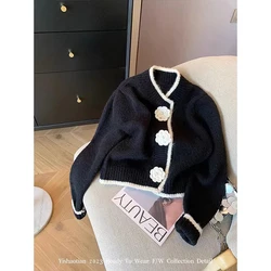 Women Black Clothing Cardigan Knitting Sweater Long Sleeve Round Neck Casual Fashion Coat Female Flower Design Autumn Winter Top