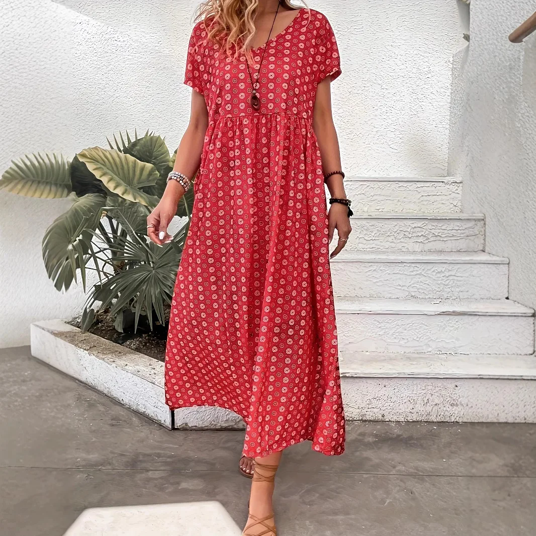 Women's Plus Size Dress Summer Hot Selling Fashion Personality Casual Red Polka Dot V-Neck Short Sleeve Long Dress - view 5
