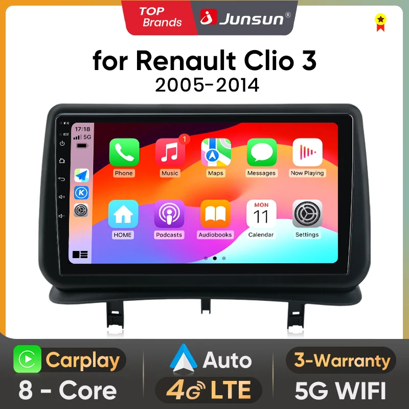 Autoradio multimédia sans fil Junsun CarPlay Android Auto pour Renault Clio 3 2005-2014, système intelligent, stéréo, GPS, navigation
