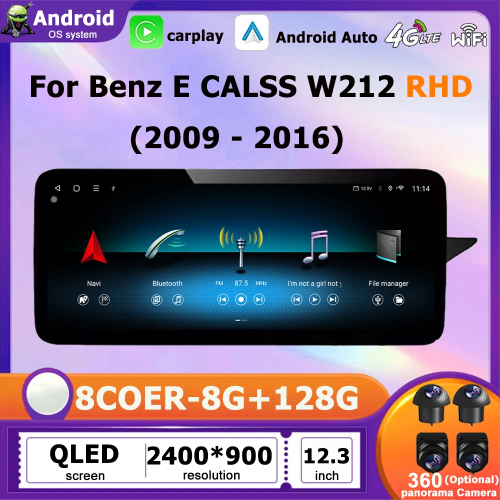 Android 16 Auto Carplay RHD For Benz E CALSS W212 2009 - 2016 Ultra-thin QLED Screen Car Multimedia Radio Player DSP WiFi 4G BT