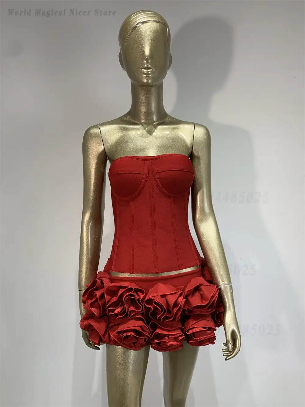 Sexy Strapless Floral Bandage Two Piece Set for Women Bright Red Crop Top Mini Skirt European Style Nightclub Cocktail Party