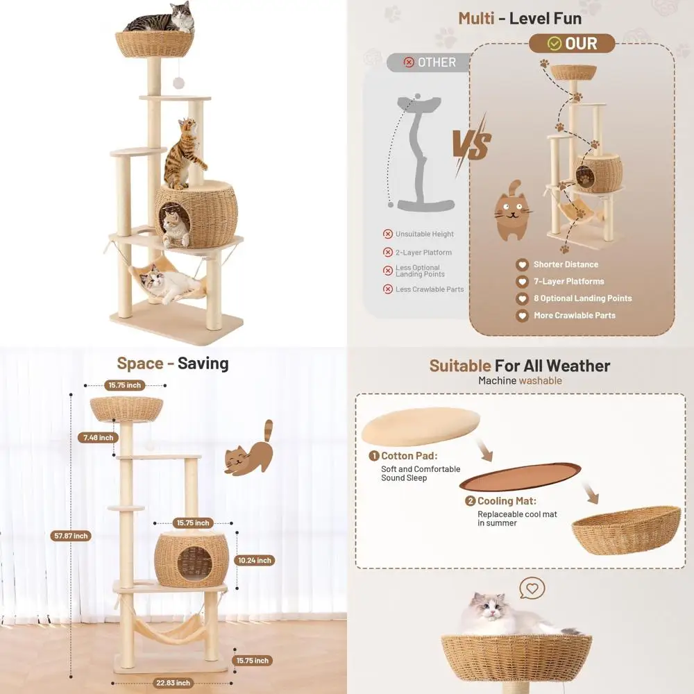 

Прочный высокий кошачий кондо из ротанга с альпинистской башней, когтеточкой, корзиной, кроватью и подставкой для больших домашних кошек.