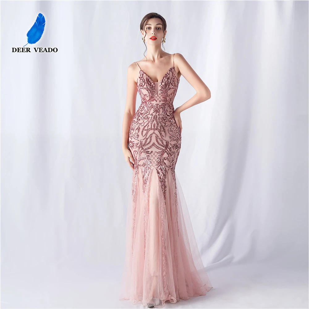 DEERVEADO Strap V Neck Evening Dress For Woman Elegant Mermaid Sequin Party Maxi Dress Special Occasion Dress Long Prm Dresses