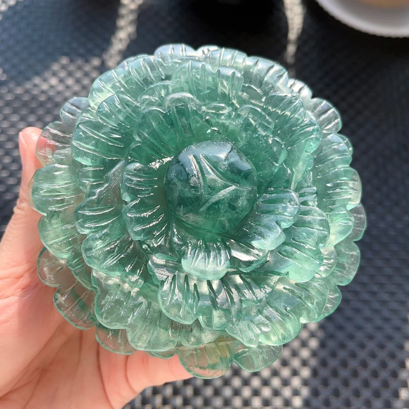 Natural Green Fluorite Protection Flower Carving Artwork Polished Quartz Crystal Rock Gemstone Plant Sculpture Mineral Specimen