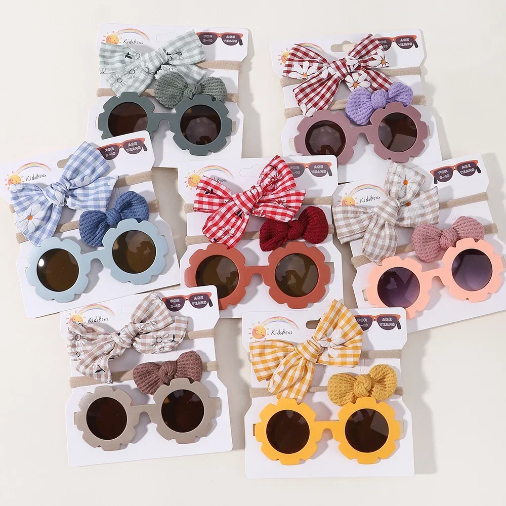 Children Headwear Glasses Set Solid Soft Bowknot Head Bands Girls Lace Barrette Retro Sunglasses Kids Hair Clip Hair Band Sets