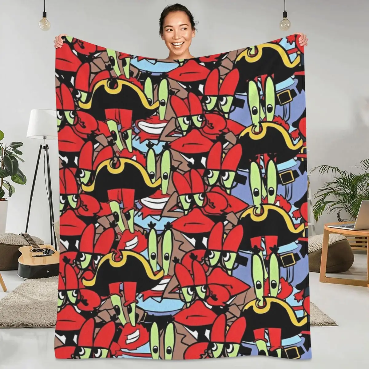 Cartoon Funny S-SpongeBobed Blanket Mr. Krabs Camping Flannel Throw Blanket For Couch Bed Warm Bedspread Birthday Present