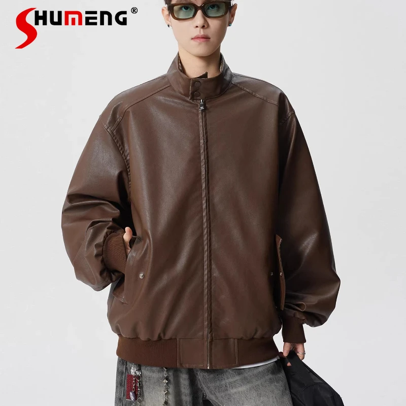 

Fashion Solid Color Faux Leather Motorcycle Jackets Men Women 2026 Spring New Stylish High-End Leather Coats Trendy Simple Coats