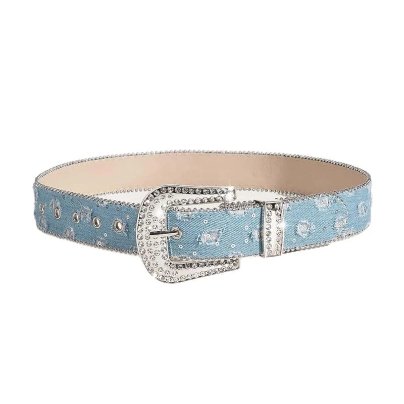 

652F Distressed Waist Belt for Jean Rock and Roll Hip Hop Studded Belt Waistband Glinting Buckle with Encrusted Rhinestones