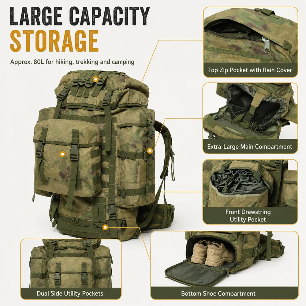 80L Large Capacity Tactical Backpack Waterproof Molle Military Rucksack Outdoor Travel Riding Mountaineering Hiking  Backpack