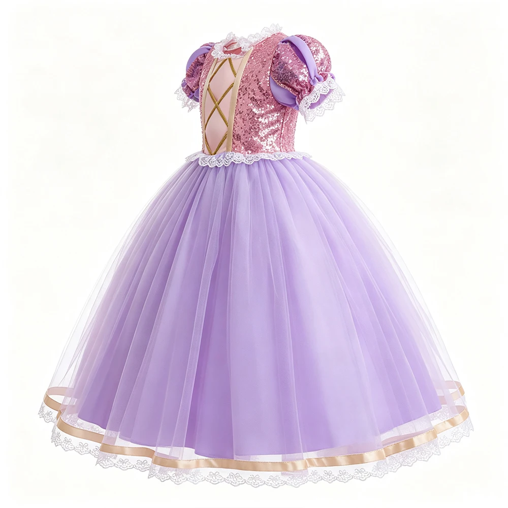 Rapunzel Cosplay Prinzessinnenkleid für Kinder, Halloween-Verkleidung mit Kurzen Ärmeln, Aufführungskostüme, Mädchen Geburtstags- und Karnevals-Party-Outfits – Detail 5
