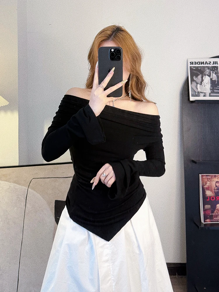 

Bla Asymmetrical Long Sve T-irt Women's oulder Bared Pleated Slim Fit Base irt Top for Autumn 2026 Spring Commute ...