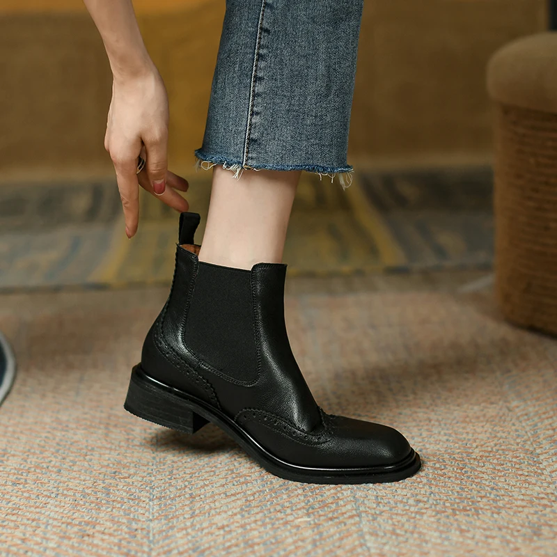 Women's Genuine Leather Chelsea Ankle Boots - Black Low Block Heel