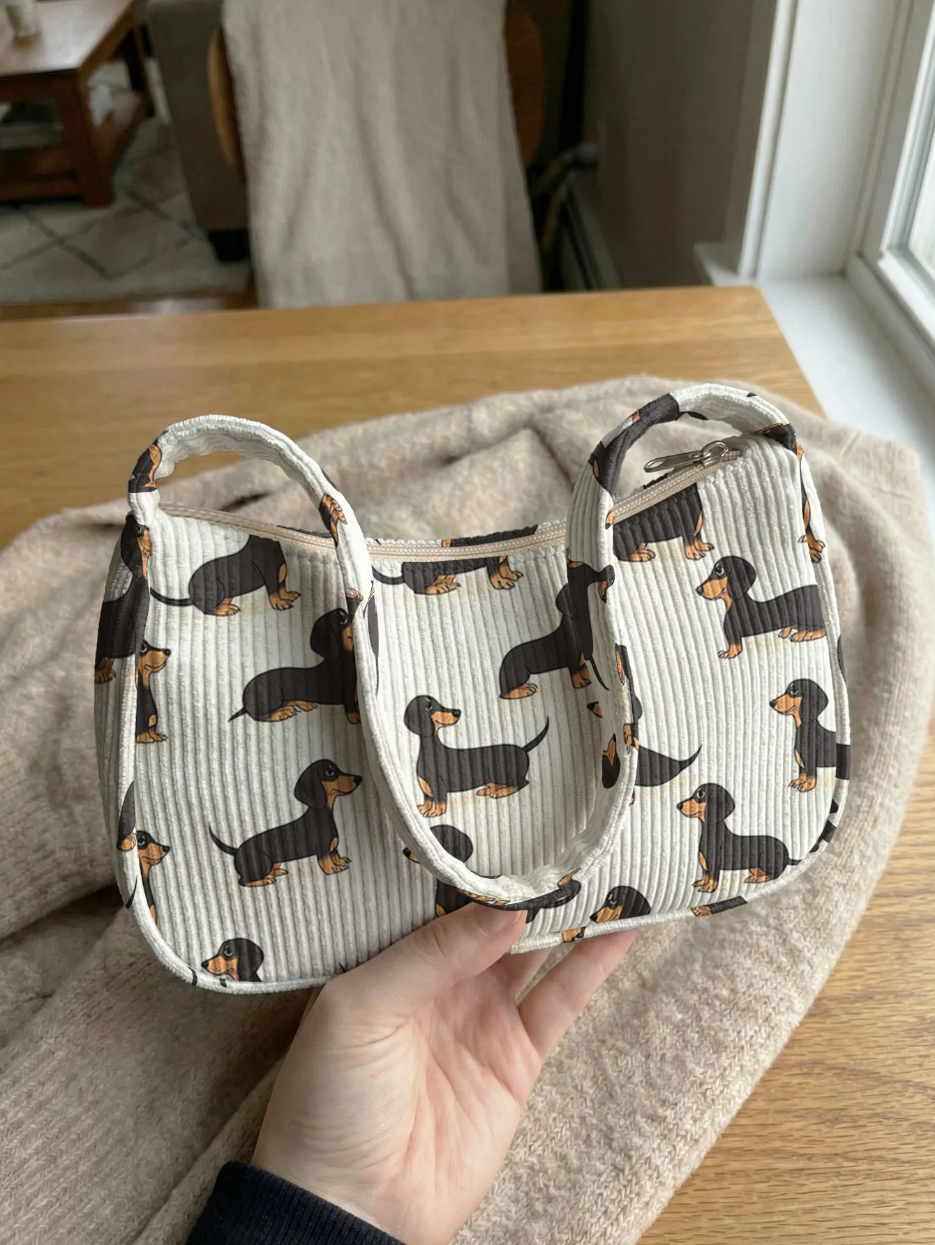 Trendy Dachshund Print Shoulder Bag, Beige Corduroy Underarm Bag for Daily Casual Use