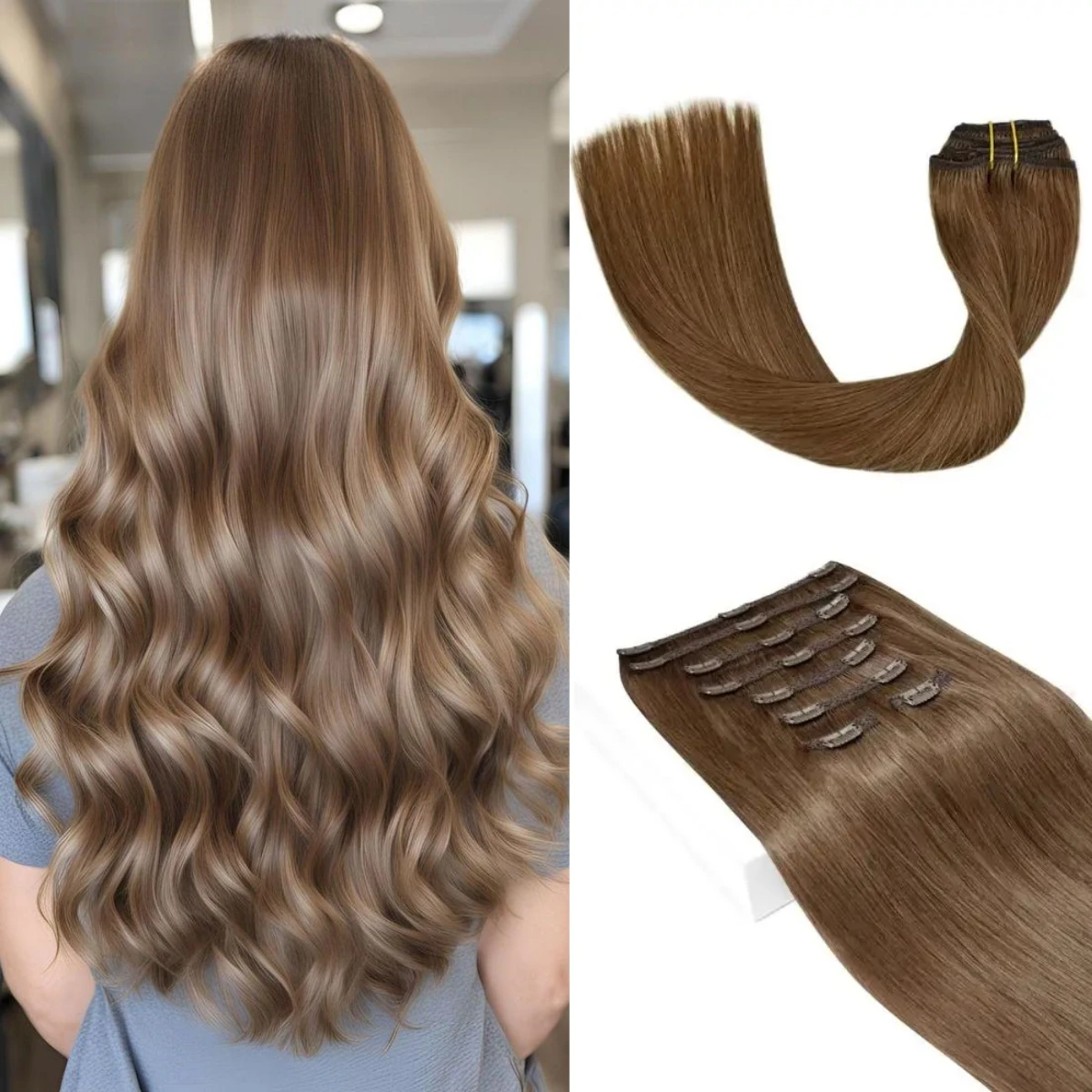 Clipe reto em extensões de cabelo, cor marrom clara média, cabelo humano brasileiro, 8pcs, #6, 240g por pacote