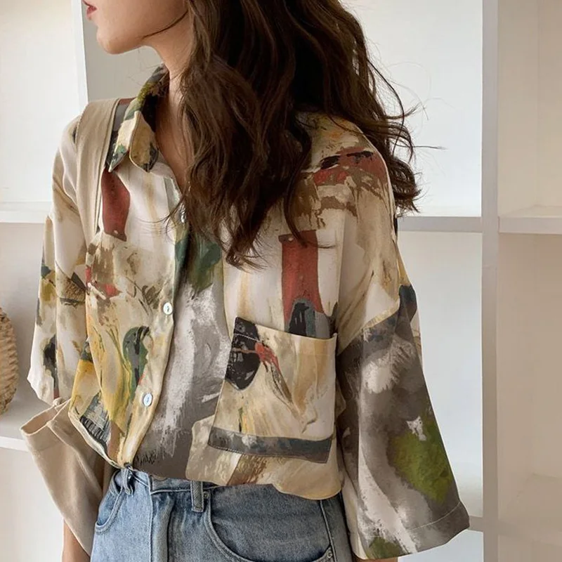 Fashion Turn-down Collar Single Breasted Blouses Women Spring Summer Vintage Port Flavor Tie Dye Patchwork Pockets Loose Shirts