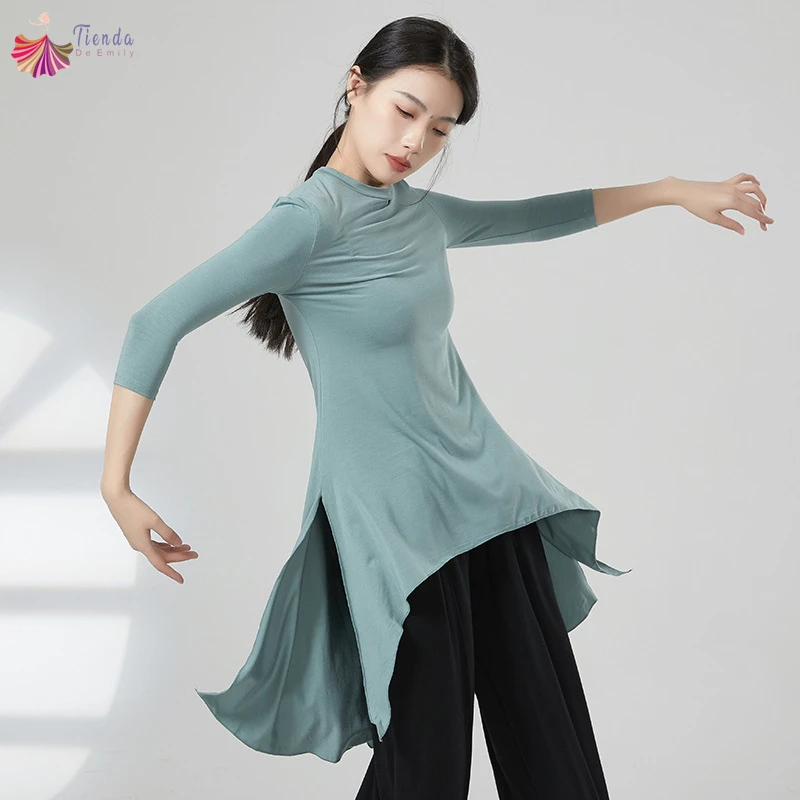 Modern Dance Costume Women Middle Sleeve Shirt Irregular Split Long Hem Tee Tops Performance Line Dancewear Stage Clothes Hanfu