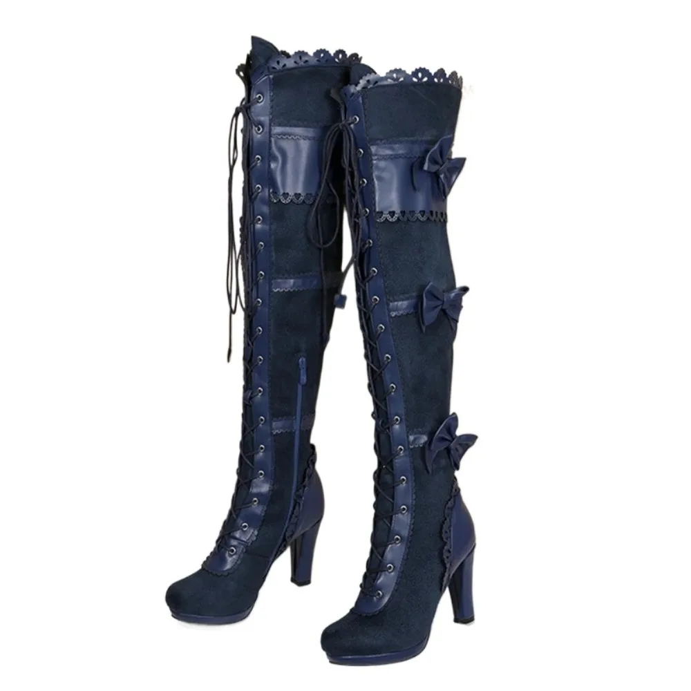 

Сапоги выше колена, женские модные сапоги выше колена на молнии со шнуровкой и бантом, с круглым носком, на высоком каблуке, осень-зима, вечерние сапоги до бедра на платформе, A-0420