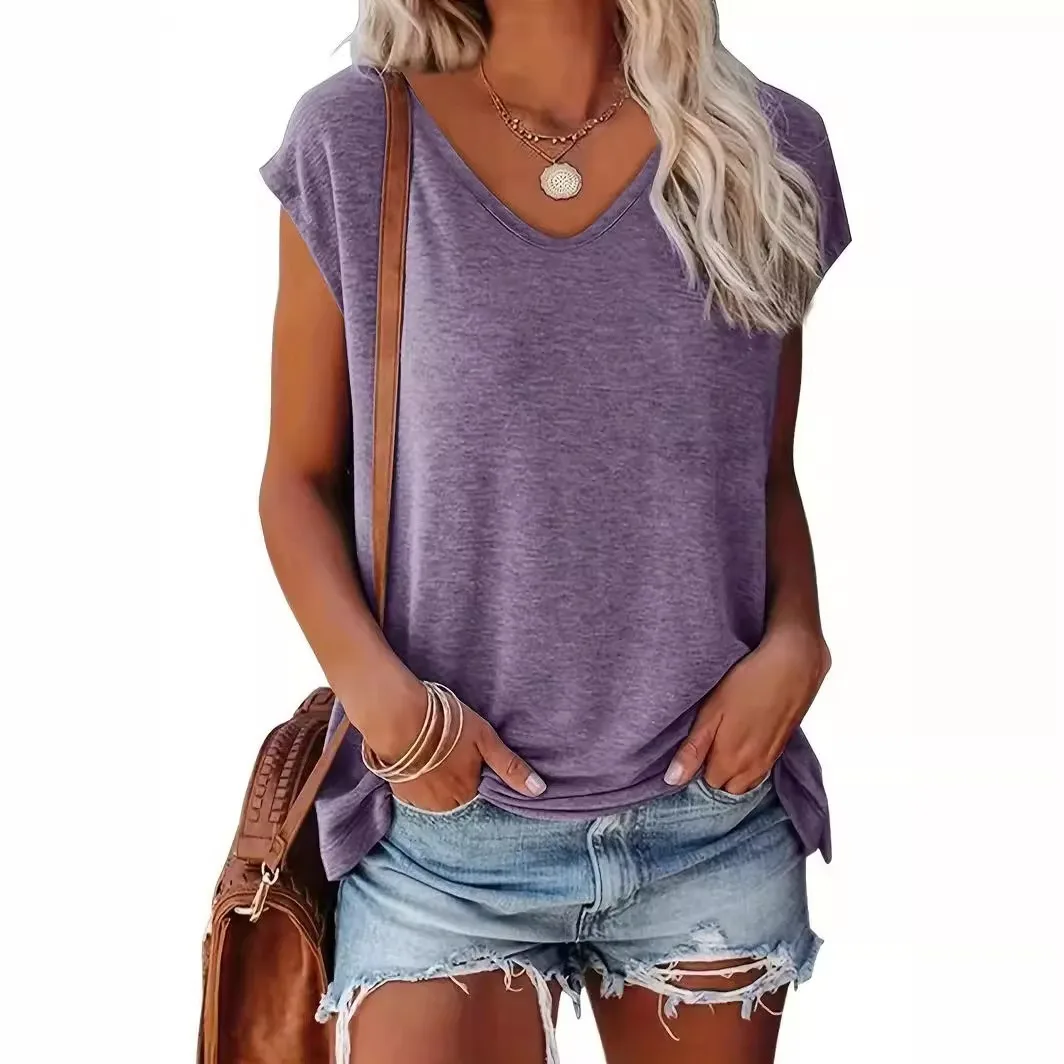 2024 Spring/Summer Cross border European and American New Women's Fashion and Casual Solid Color V-neck Short sleeved T-shirt on