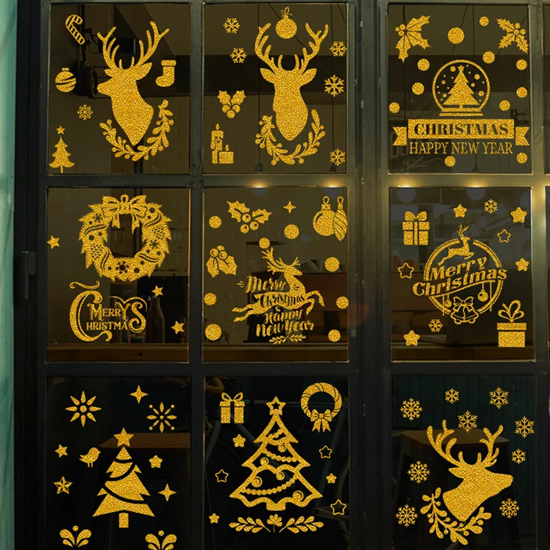 Sprinkle Gold Powder Wall Sticker Christmas Tree Deer Shopping Mall Window Glass Layout Static Sticker Waterproof Antifouling