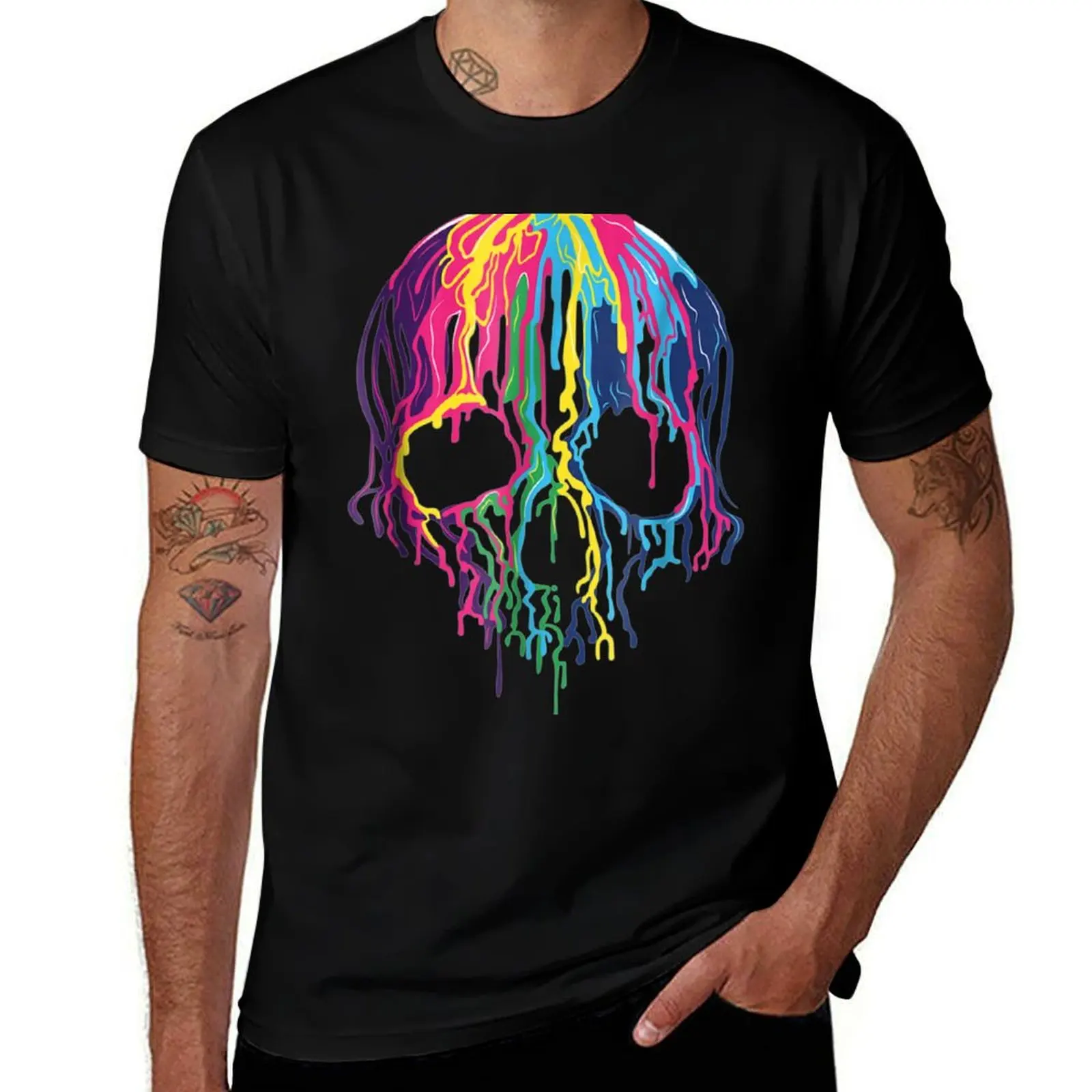 Skull Graphic Melting Skull, Dripping Tee Colorful T-Shirt Thanksgiving Casual Tee
