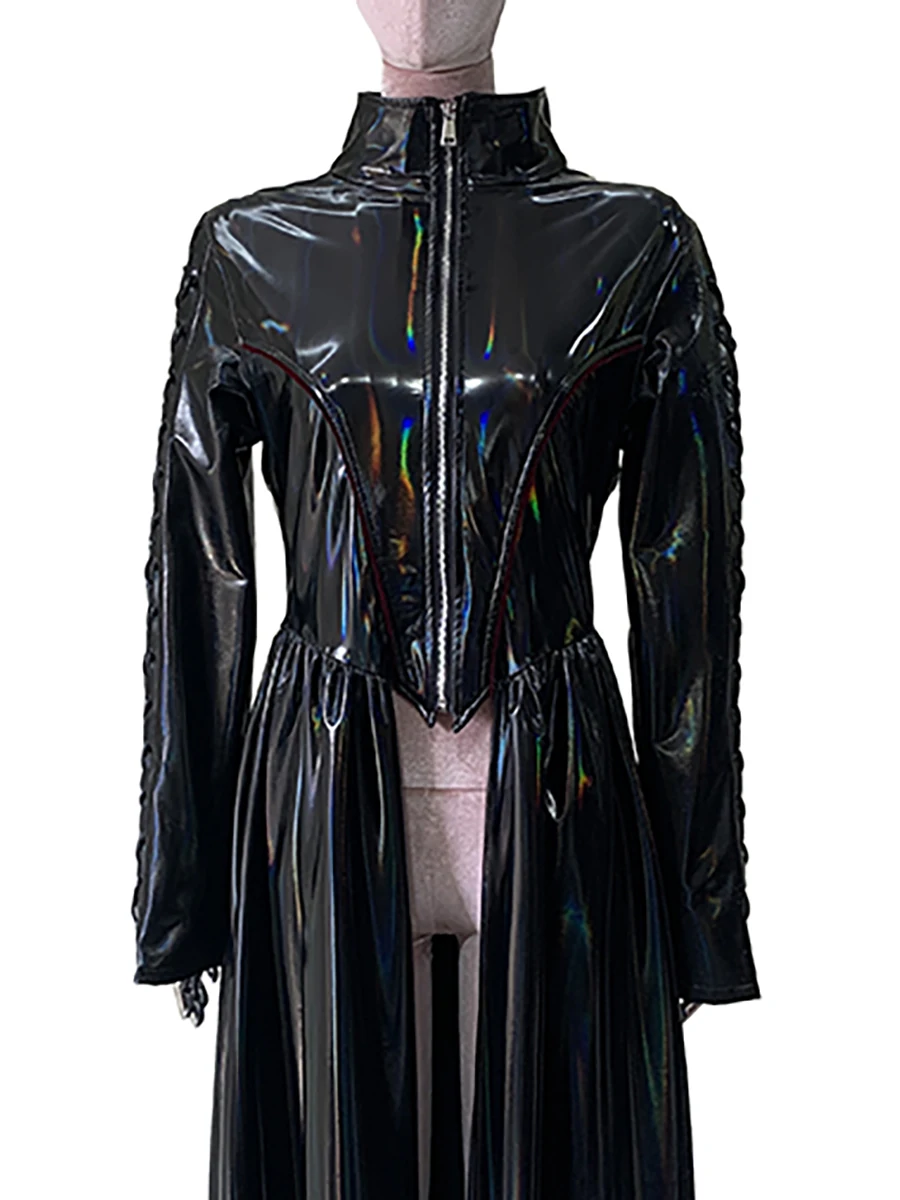 Trench-Coat noir holographique pour femme, Long, brillant, réfléchissant, fin, doux, fermeture éclair, Style Punk, vêtements européens, printemps automne, 2025