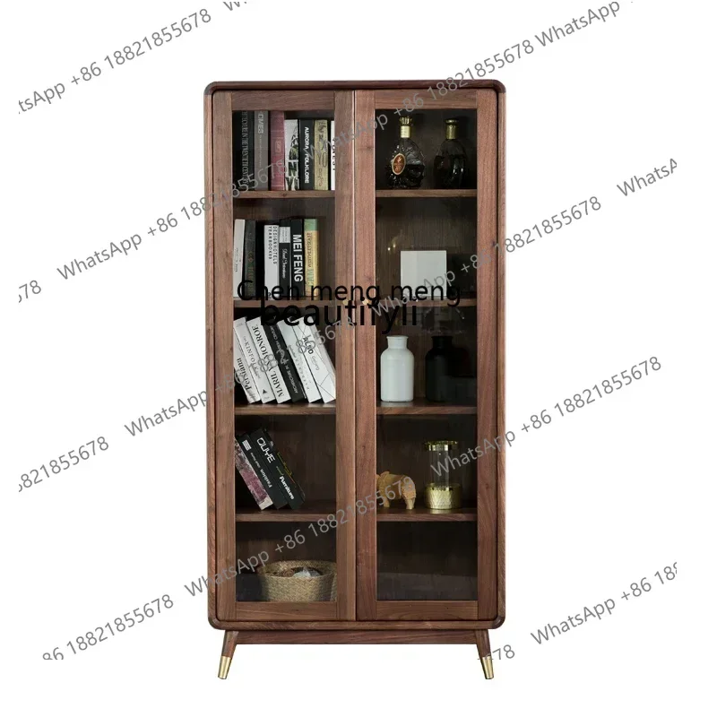 

X Black Walnut Double-Side Bookcase with Door Nordic Shelf Modern Minimalist Storage Bookcase Solid Wood Floor CabinetQ