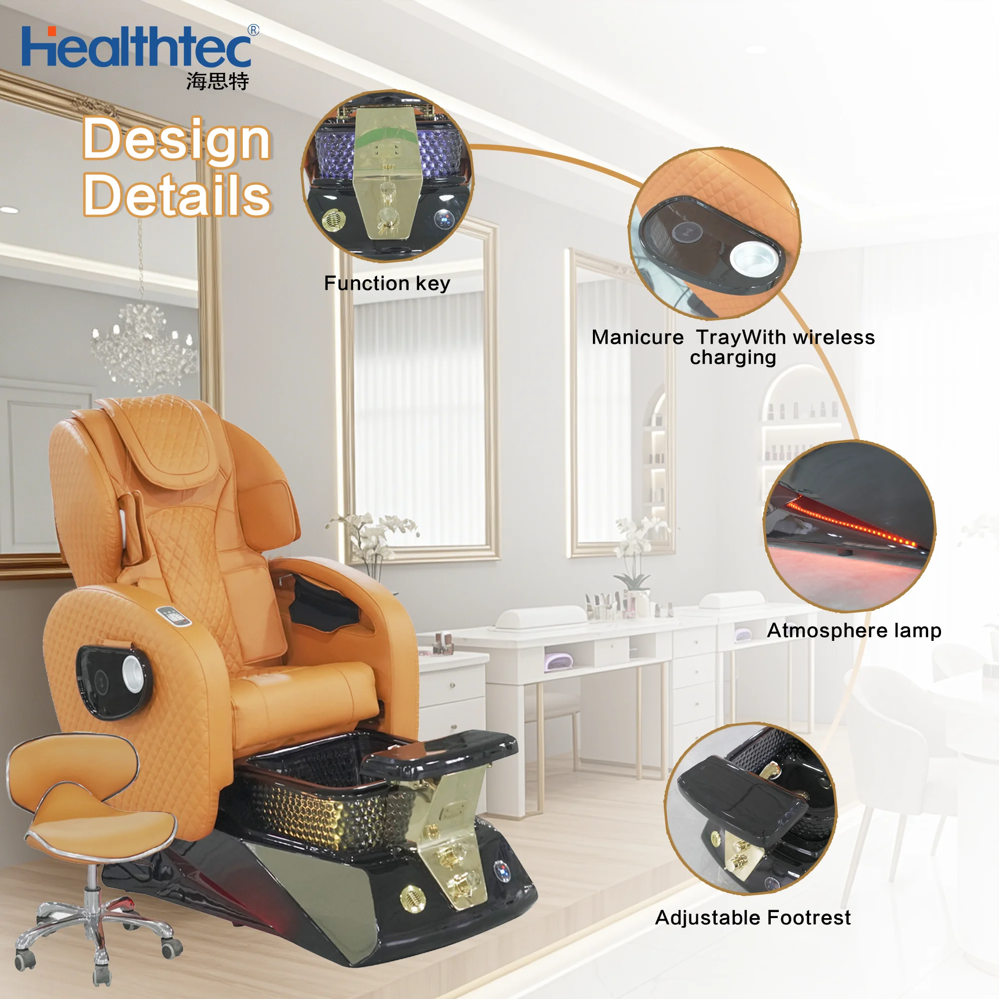 Airo Nail Salon Furniture Manufacture Luxury Anti-Acetone Leather  Electric Foot Spa Massage Pedicure Chair