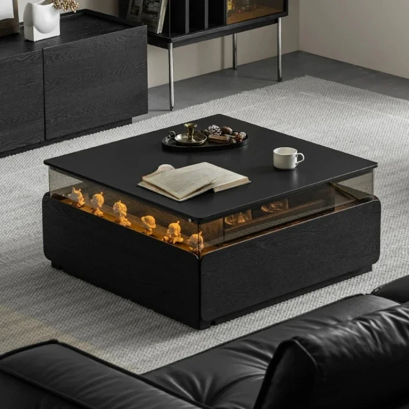 

Light Luxury Furniture Square Stone Plate Coffee Table Lighting Atmosphere Solid Wood with Pumping Black Modern Minimalist