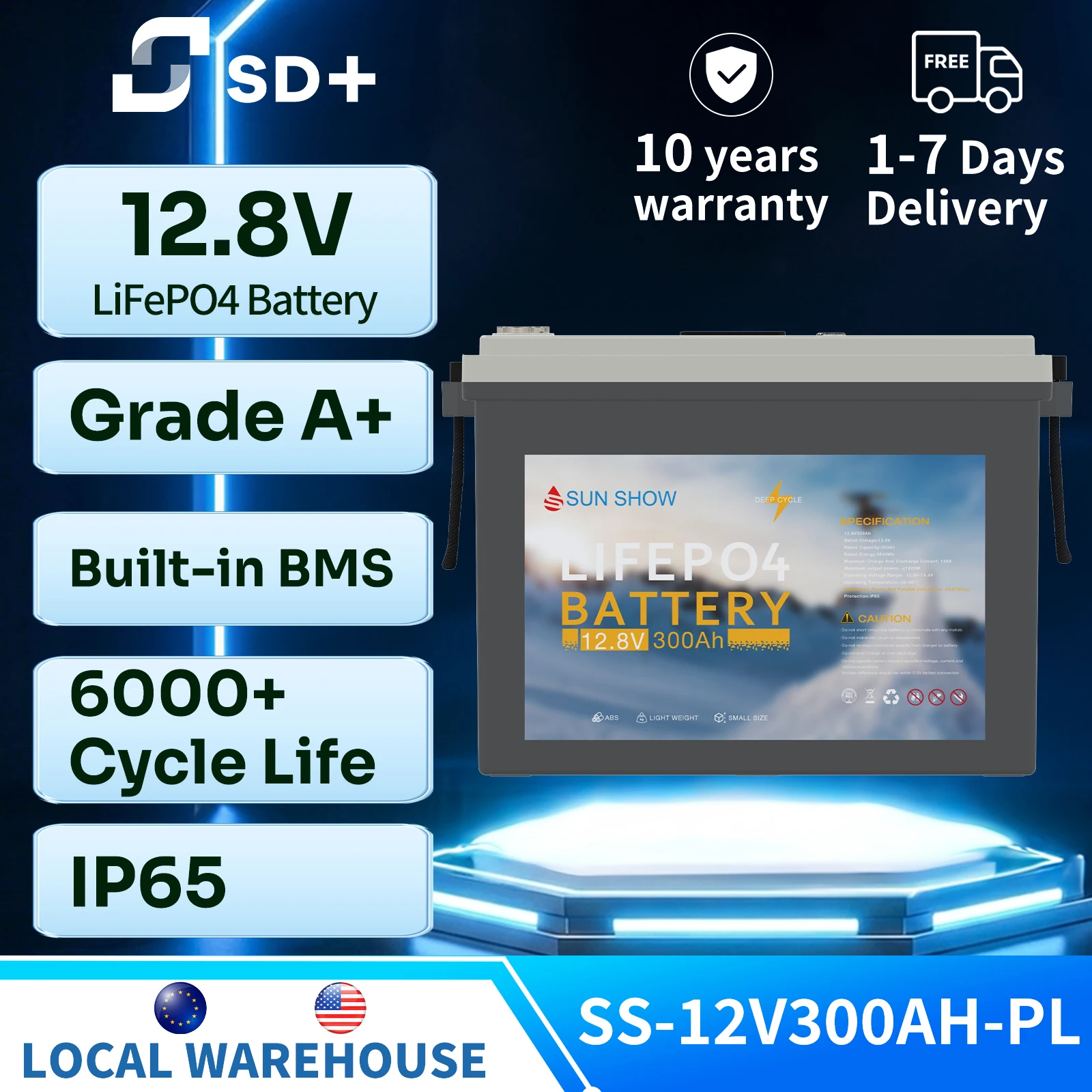 

Аккумулятор SANDISOLAR LiFePO4 12В 300Ач, 12.8В 3840Втч, литиевая батарея глубокого разряда, водонепроницаемая IP65, 6000 циклов, для солнечных энергосистем