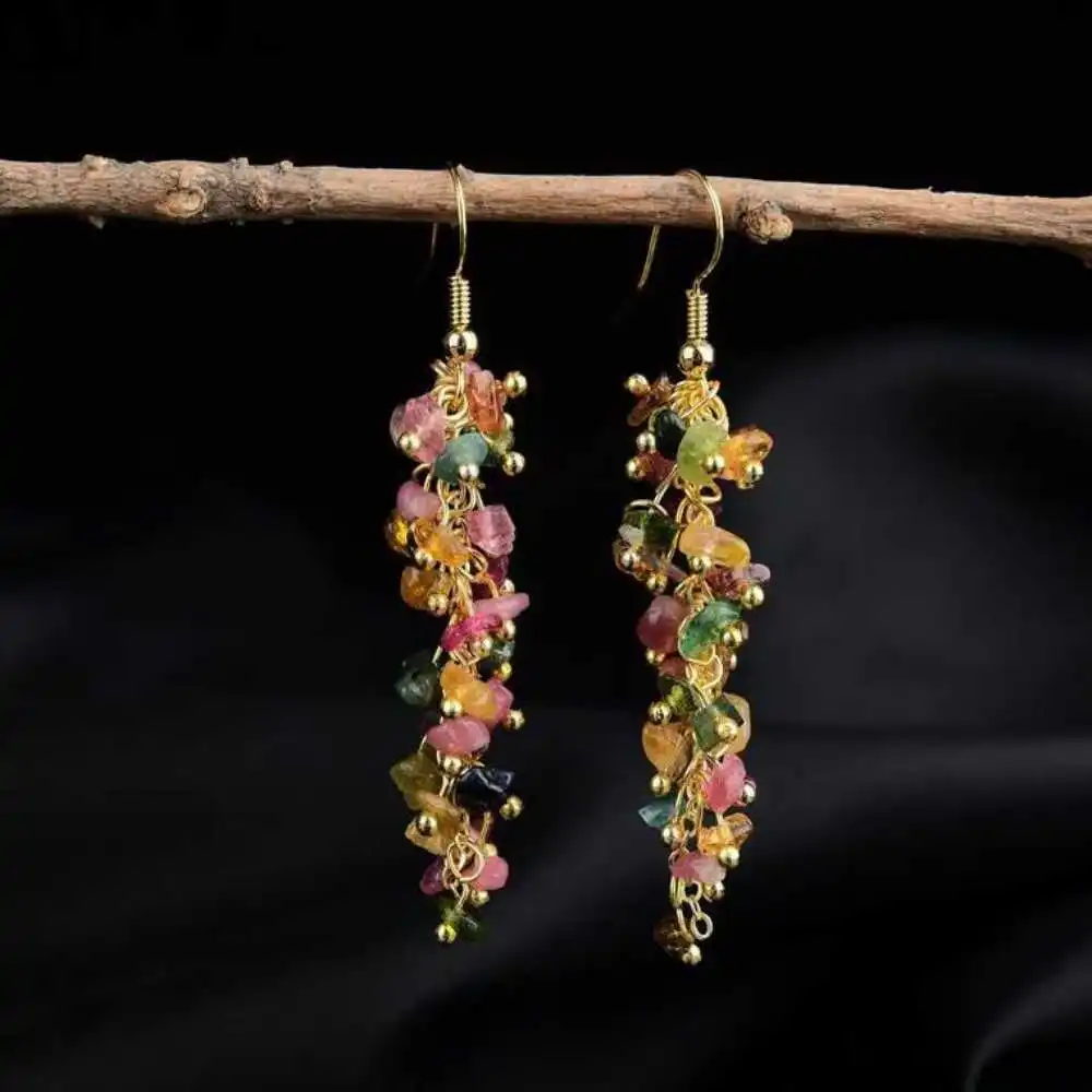 Natural Tourmaline Gravel Earrings Grapes Chain Eardrop Freshwater Diy New Lucky Women