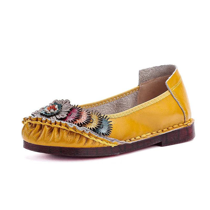 

Women's Handmade Floral Embroidered Leather Flats Vintage Ethnic Style Ruched Slip-on Loafers Comfort Soft Sole Casual Walking