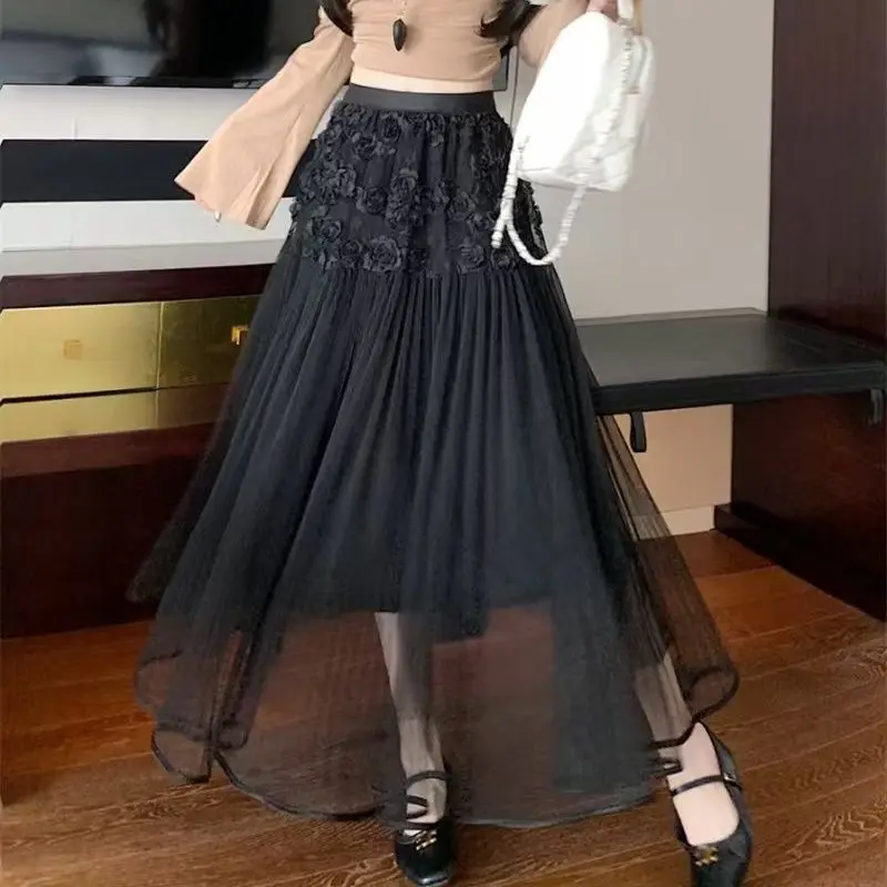 Solid Color Heavy Industry Lace Design White Midi Skirt Women 2025 Spring Summer New Literary Niche Mesh Skirt