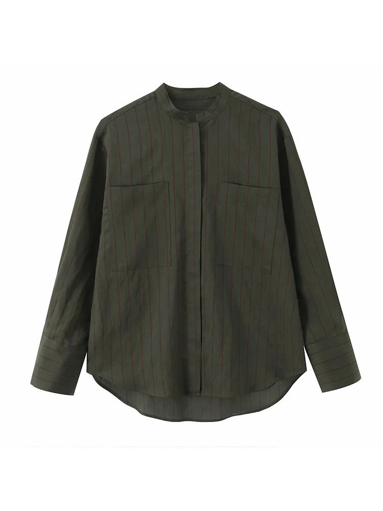 

Women New Chic Fashion Striped Stand Collar Shirts for Women Long Sleeve Pocket Women's Streetwear Casual Shirt And Blouse Top ﻿