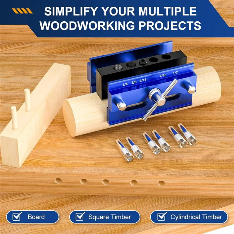 B50C Self Centering Dowel Jig Kit, Drill Guide Jig Block For Straight Holes 6PCS Drill Bushings, For Woodworking, Adjustable