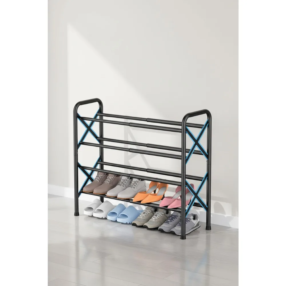 

4-уровневая расширяемая полка для обуви, металлический органайзер для хранения X-образной рамы для прихожей, гардероба, гаража на открытом воздухе - черный