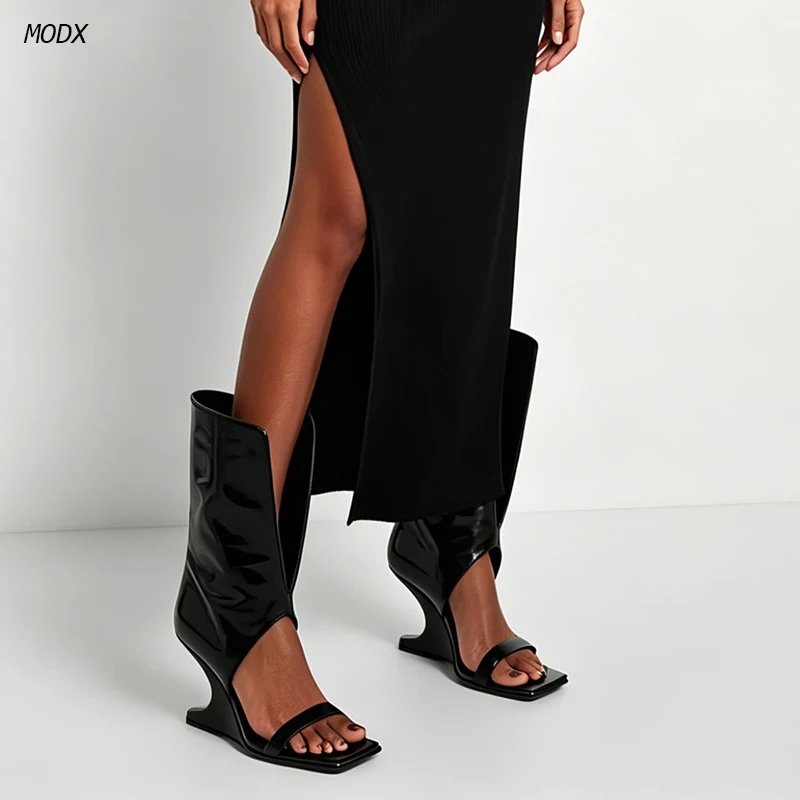 2026 New Women Open Toe Patent Leather Sandal Boots, Square Toe One Strap Wedge Heel Ankle Booties, Gothic Punk Cut Out